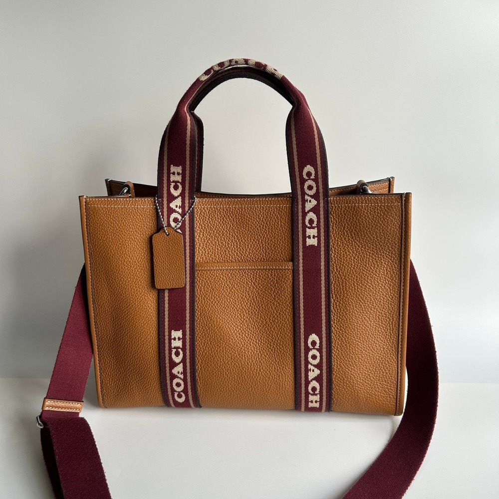 Coach Smith Tote Tan Pebbled Leather Burgundy Webbing Strap CM067